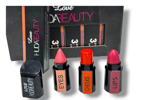 Huda Beauty 3 in 1 Professional Eyes, Cheeks & Lips Set – Multipurpose Lipsticks with Smooth Texture, Long-Lasting Color & Versatile Makeup Look